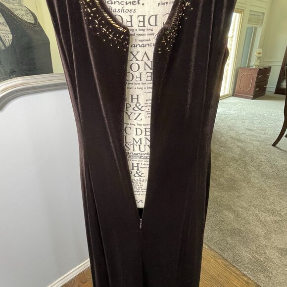 Dressbarn Collection Velvet Dress 14 Brown Beaded Long Maxi Formal Party Luxury - Picture 10 of 16